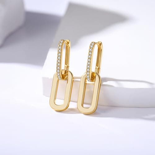 14K Gold Plated Gold Paperclip Earrings For Women Trendy Link Huggie Hoop Earrings Gold Chain Statement Drop DanglEarrings with Cubic Zirconia Jewelry Gifts For Her Silver - Thumbnail 4
