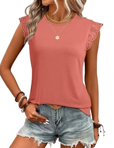 JUSTFASHIONNOW Womens Sleeveless Lace Trim Tops Flutter Ruffle Cap Sleeve Blouses Dressy Summer Casual T-Shirt Coral - Image 1