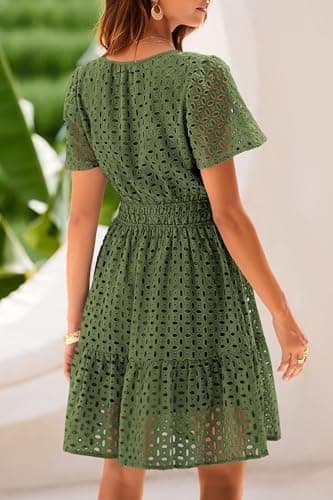 PRETTYGARDEN Womens 2026 Summer Short Dress V Neck Short Sleeve A Line Hollow Out Lace Cute Casual Beach Party Spring Dresses (Army Green,Medium) - Thumbnail 2
