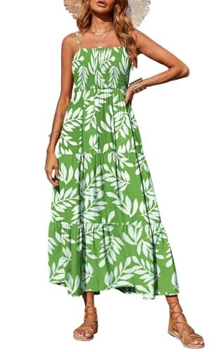 PRETTYGARDEN Summer Dresses for Women 2026 Spaghetti Strap Floral Maxi Dress Sleeveless Smocked Tiered Long Beach Sundress (Green White Flower,XL) - Image 1
