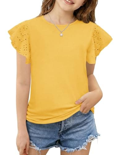 Girls Ruffle Sleeve Shirts Butterfly Sleeve Blouse Summer Eyelet Cute T-Shirt Crewneck Tee Tops for Girls 4-15 Yellow - Image 1