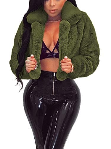 RAMOUG Fashion Stand Up Collar Elegant Coat for Women Faux Fur Cardigan Cropped Jacket L Army Green - Image 1
