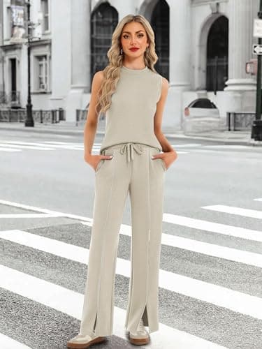 Casly Lamiit Womens 2 Piece Set Summer Outfits Mock Neck Tank Top Front Slit Pants Airport Travel Lounge Wear Striped Tracksuits Dark Beige S - Thumbnail 5