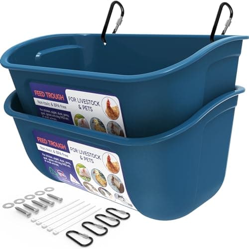 Goovilla Chicken Feeder Waterer, Hanging or Screw-in Fence Feeders with Clips, 2 Pack 5 Quart Goat Feeding Supplies, Duck Piglet Sheeple Coop Dog Livestock Poultry Plastic Feeder Trough Bucket, Blue