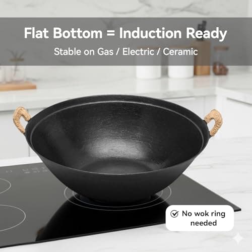 WANGYUANJI 14.2" Cast Iron Wok with Lid, Dual Handles - Flat Bottom Chinese Stir Fry Pan for Induction & Gas Stoves - Traditional Handcrafted Turtle Shell Texture, Uncoated & Non-Toxic - Thumbnail 3