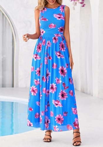 BTFBM Summer Dresses for Women 2026 Floral Maxi Dress Sleeveless Mesh Flowy Long Sundress Beach Vacation Clothes Pockets(Blue Red Flower, XX-Large) - Thumbnail 5