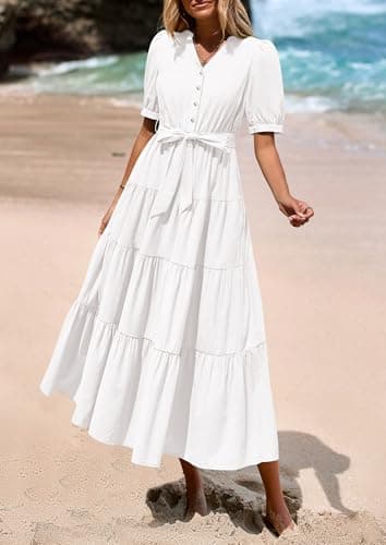 PRETTYGARDEN Summer Dresses for Women 2026 Elegant Classy Short Sleeve V Neck Ruffle A Line Belted Long Beach Vacation Dress (White,Medium) - Thumbnail 6