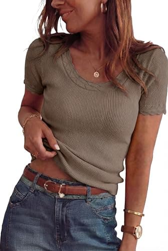 Arach&Cloz Women's 2026 100% Cotton Spring Summer Tops Scoop Neck Short Sleeve Sweater Shirts Pullover Lightweight Soft Cozy Slim Fit Stretchy Business Casual Outfits Work Clothes Trendy Coffee XL - Image 1