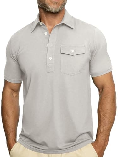JEMLDL Mens Polo Shirt Quick Dry Short Sleeve Casual Summer Polo Tee with Pocket Classic Collared Golf Stylish Tops Light Gray L - Image 1