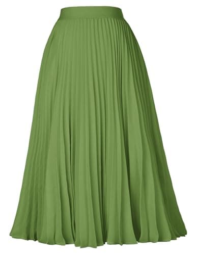 GRACE KARIN Women's Elegant High Waist Flared Pleated Swing Long Chiffon Skirt Grass Green XS - Image 1
