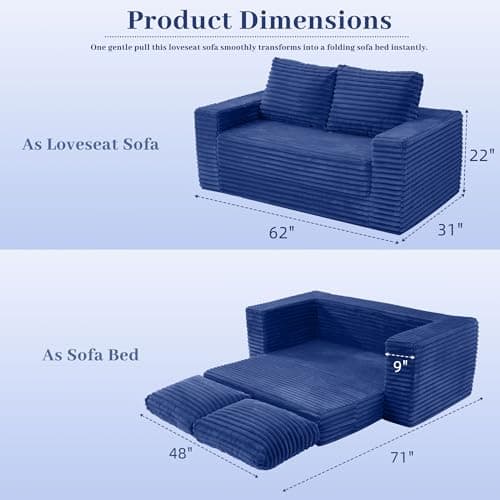 HABUTWAY Convertible Folding Sofa Bed Couch,3 in 1 Pull Out Couch Bed,Loveseat Sleeper Sofa Bed,Boneless Couches with Pillows for Living Room Bedroom, Blue - Thumbnail 2