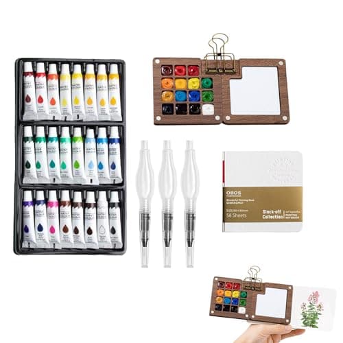 YAKUNCL 24-Color Mini Watercolor Travel Set with Wooden Sketchbook Kit - Portable Watercolor Painting Set Including Water Brush Pen, Sketch Pad & Copper Clip for Artists, Students & Painters - Image 1