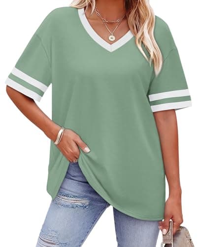 WIHOLL Plus Size Clothes for Women Clothing Women's Tops, Tees & Blouses Spring Tops 2026 Oversized Tshirts Beach Vacation Clothes Summer Outfits V Neck Fashion Eatster Shirts Light Green 2XL - Image 1