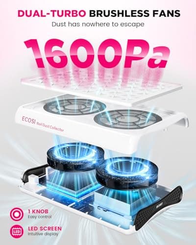 ECOSI Nail Dust Collector, 8000RPM & 1600PA Dual Turbo Professional Vacuum Fan Dust Extractor with 30 Pcs Filter Papers, Stepless Adjustable Suction for Manicure, Salon Nail Tech & Home (White) - Thumbnail 2