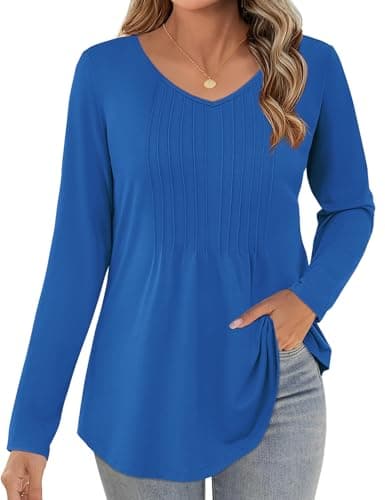 JUSTFASHIONNOW Winter Clothes for Women 2025 Pleated Blue Long Sleeve Women's Tops V Neck Loose T-shirt Blusas Casuales de Mujer Bonitas Fall Clothes (Blue, XX-Large) - Thumbnail 3