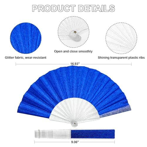 EOSAU Glitter Folding Hand Fans for Women Foldable Handheld Clack Fans for line Dancing, Wedding, Church, Festival, EDM, Party, Club, Rave Accessories (9" Blue 02) - Thumbnail 2