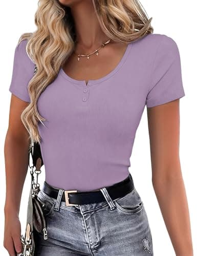 Womens Short Sleeve Tops Stretchy Henley Scoop Neck Fitted Casual Basic Top T-Shirts Ribbed Button Blouses 2026 Summer Trendy Purple S - Image 1