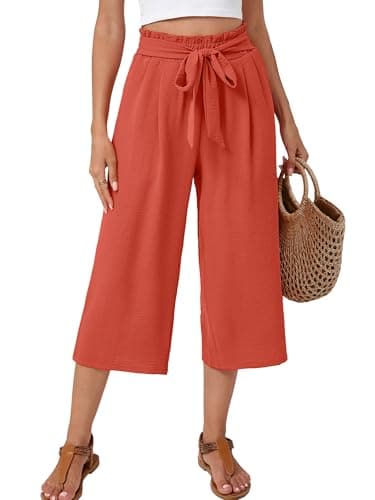 Moodclo Women's Capri Pants Coral Small Casual Palazzo Trousers with Pockets Loose High Waisted Wide Leg Lounge Pants - Image 1