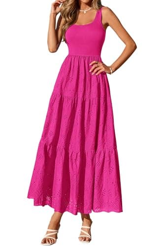 BTFBM Women Summer Eyelet Midi Dresses Casual Spring 2026 Sleeveless A Line Flowy Vacation Beach Wedding Guest Sun Dress(Hot Pink, Small) - Image 1