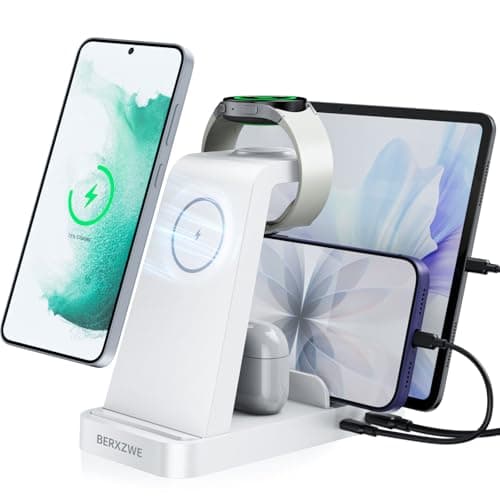 Samsung Charging Station, 5 in 1 Wireless Charger for Galaxy S25 S24 Ultra S23 S22 S21, Charger Dock Stand for Galaxy Watch Ultra 7 6 5 4 3, Android Charging Station for All USB-C Buds, White - Image 1