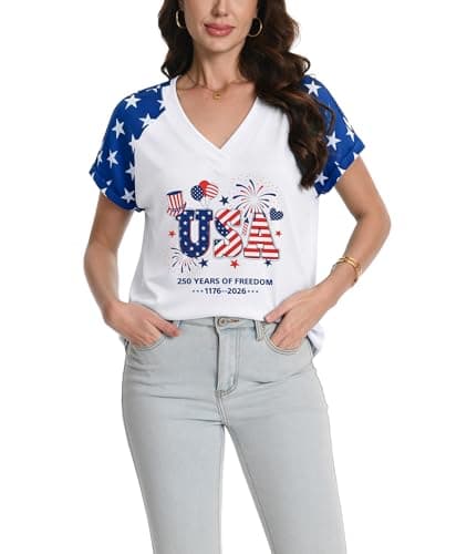 Women's V-Neck T-Shirt, USA 250 Years Tees, 4th of July Shirt, Patriotic Theme Tops (US, Alpha, Medium, Regular, Regular, White/Blue) - Image 1