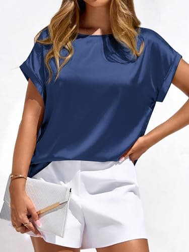 BTFBM Womens Summer Tops Satin Blouses Dressy Casual Loose Crewneck Short Sleeve Shirts 2026 Work Business Outfits(Dark Grey Blue, Large) - Thumbnail 4