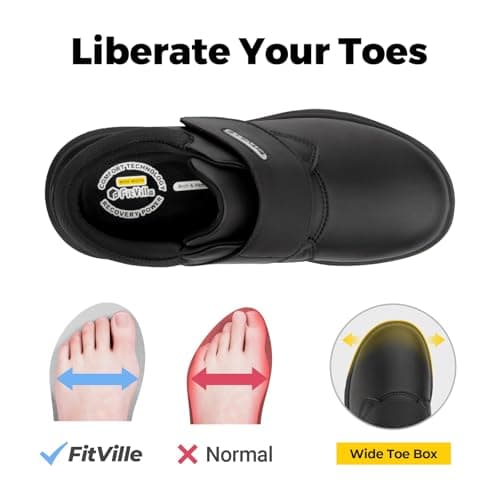 FitVille Diabetic Shoes for Men Extra Wide Slip-on Walking Shoes for Edema Hook & Loop Recovery Leather Shoes for Swollen Feet (8.5 Wide) Black - Thumbnail 5