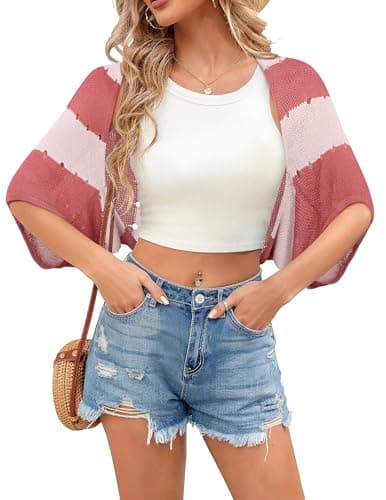 BB&KK Womens Lightweight Summer Short Sleeve Cardigan Striped Open Front Knitted Crochet Boho Bolero Shrugs 2026 Trendy - Image 1