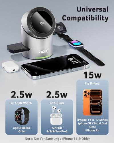 Acer Prime 3 in 1 Charging Station for Apple - Magnetic iPhone Wireless Charging Station, Magsafe Charger Stand for iPhone 17 16 15 14 13 12 - Apple Watch - Airpods Series (Charger & USB-C Included) - Thumbnail 3