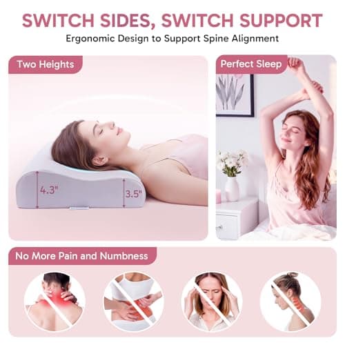 Ergonomic Memory Foam Pillow 2 heights: Mid-Low, Cervical Support Relieve Neck Back Pain, Breathable Cool Ice Silk Anti-Wrinkle Cover, SGS Certificates, for Side Back Stomach Sleeper, Queen Size - Thumbnail 2