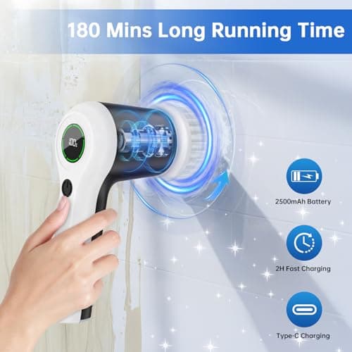 PUFTEM Electric Spin Scrubber, Cordless Shower Scrubber with Battery Level Display, 2 Speeds Electric Scrubber for Cleaning with 6 Replaceable Heads, Cleaning Brush for Bathroom/Sink/Window - Thumbnail 2
