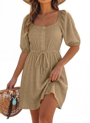 Dokotoo Dresses for Women 2026 Elegant Textured Tie Waist Button Backless Dress Short Lantern Sleeve Square-Neck Ruffle Summer Khaki Dress Plus Size A Line Dresses Small - Image 1