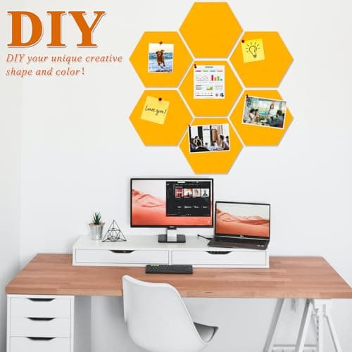 HULAVO Large Hexagon Felt Cork Board Tiles, Self Adhesive DIY Felt Bulletin Board Pin Board with 35 Pushpins for Office School Home Wall Decor Stickers Memos Photos Display(Light Orange) - Thumbnail 3