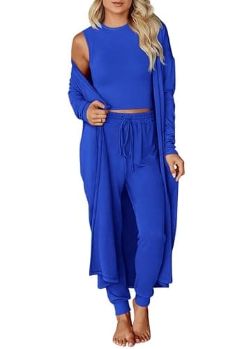 KIRUNDO 3 Piece Lounge Sets for Women Airport Travel Vacation Outfits Spring Cardigan Matching Sleeveless Top Jogger Pants(Blue, Small) - Image 1