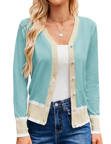 GRACE KARIN Cardigan Sweaters for Women Spring Summer Fashion Sweater Lightweight Cropped Cardigan (Light Blue,M) - Image 1