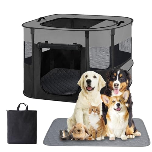 Portable Dog Cat Playpen with Waterproof Pad,Collapsible Pet Puppy Kitten Crate,Foldable Small Animals Kennel Cage for Indoor Outdoor Travel Camping,Water-Resistant Breathable Shade Cover (Grey M)