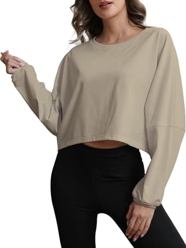 MATEAM Womens Cropped Sweatshirt Loose Fit Workout Tops - Crewneck Pullover Long Sleeve Casual Fashion Sweaters for Yoga Gym Fitness Light Khaki XS - Image 1