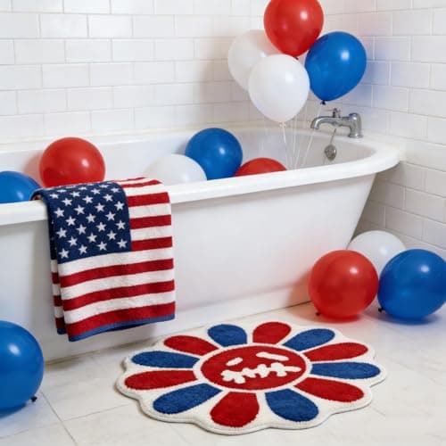 Shovagy Trippy Happy Face Rug 4th of July Bathroom Rugs Patriotic Independence Day Decor Carpet Tufted Quick Dry Non Slip Bath Mats Water Absorbent 2.6FT Red Blue White Bathroom Rugs - Thumbnail 3
