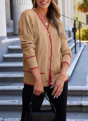 Dokotoo Cardigans for Ladies Open Front 2026 Long Sleeve Lightweight Color Block Spring Twisted Knit Sweater Coats with Pockets,Light French Beige Small - Thumbnail 4