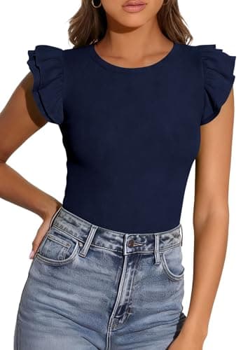 PRETTYGARDEN Womens Summer Crew Neck T Shirts 2026 Trendy Ruffle Sleeve Slim Fit Knit Going Out Tops Casual Spring Clothes (Navy,X-Large) - Thumbnail 2