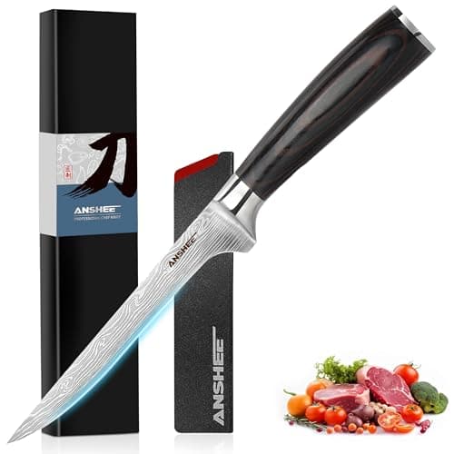 anshee 6 Inch Boning Knife - High Carbon Stainless Steel Sharp Fillet & Trimming Knife, Multipurpose Wood Handle Blade with Sheath & Gift Box for Meat, Fish & Deboning (Home & Restaurant Use)