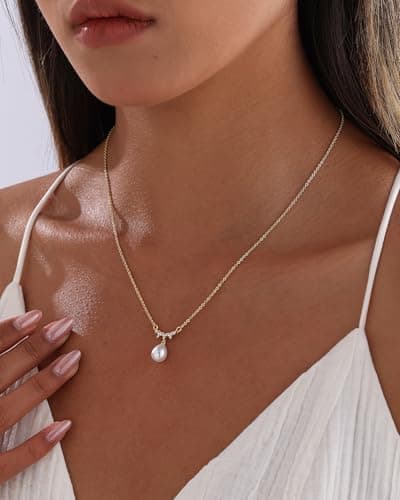 Pearl Necklaces for Women 14k Gold Plated Dainty Pearl Diamond Pendant Necklace Wedding Jewelry Bridal Bridesmaid Gifts for Women - Thumbnail 3