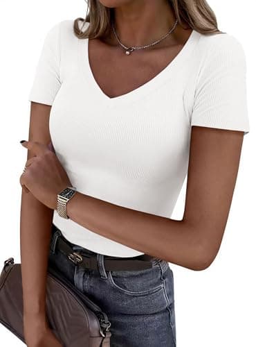 PRETTYGARDEN Women 2026 Spring Tops Trendy Ribbed Short Sleeve V Neck Fitted Basic Tee Shirts Casual Going Out Summer Outfits (White,Medium) - Image 1