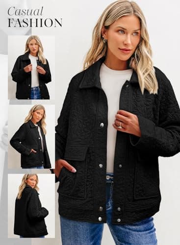 Dokotoo Fall Jackets Winter Clothing for Women 2025 Fashion Long Sleeve Button Up Lightweight Casual Jackets Turn Down Collared Oversized Jacquard Coats Solid Cozy Shackets Jacket with Pockets M Black - Thumbnail 4
