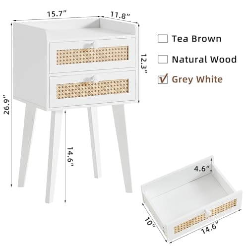 Lerliuo Rattan White Night Stand Set of 2 with 2 Drawers, Cane Accent Nightstand Bed Side End Table with Solid Wood Legs, Boho Nightstands Bedside Tables for Bedroom Living Room Dorm and Small Spaces - Thumbnail 3
