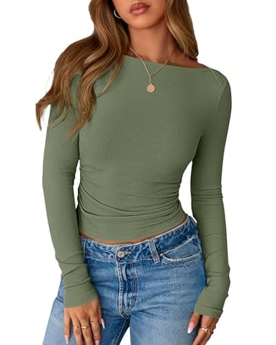BTFBM Womens Long Sleeve T Shirts Spring Clothes 2026 Ribbed Slim Fit Boat Neck Casual Going Out Tops Workout Outfits(Army Green, XX-Large) - Image 1
