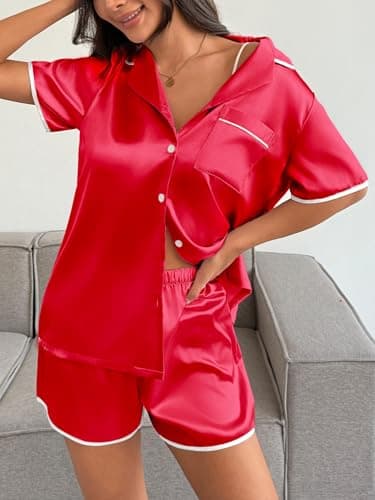Ekouaer Women's Satin Pajamas Set 2 piece Silky Sleepwear Buttton Down Short Sleeves Top and Shorts Pj Set Red S - Thumbnail 3