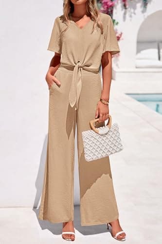PRETTYGARDEN Women 2 Piece Summer Outfits Short Sleeve Strappy Top Wide Leg Pants Tracksuit Lounge Sets Beach Clothes(Khaki,XX-Large) - Thumbnail 2