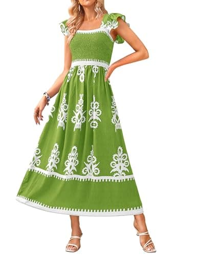 BTFBM Summer Dresses for Women 2026 Casual Floral Boho Sleeveless Square Neck A Line Flowy Beach Maxi Dress Pockets(Green Flower, Large) - Image 1