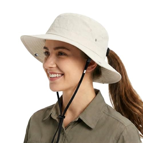 Womens Sun Hat with Hidden Ponytail Opening Wide Brim UPF50+ Waterproof Bucket Rain Hat with Removable Chin Strap for Outdoor Off-White - Image 1